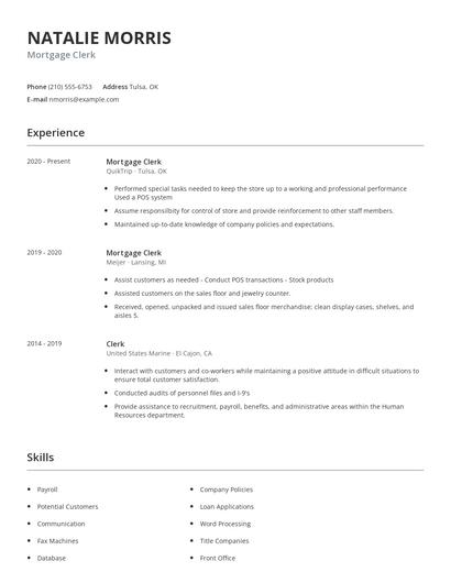 Mortgage Clerk Resume