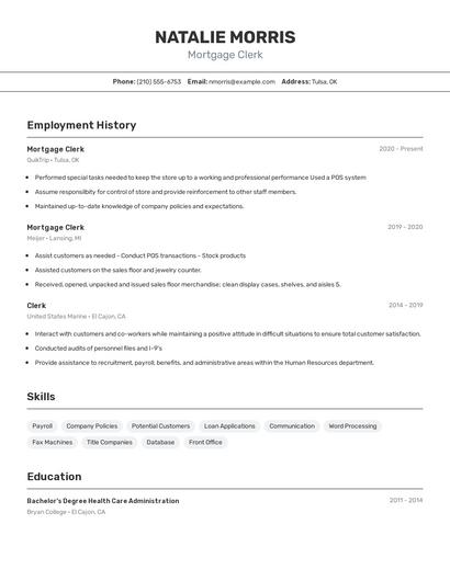 Mortgage Clerk Resume