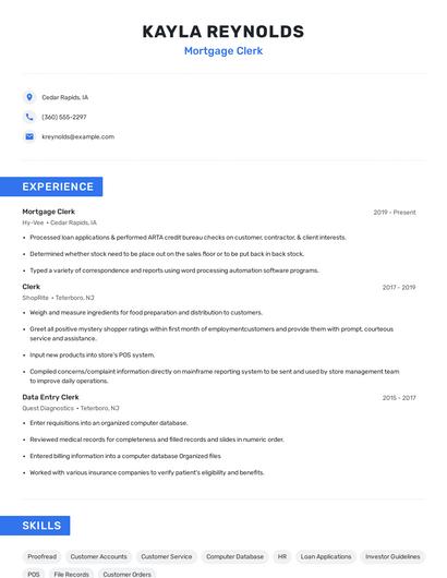Mortgage Clerk Resume