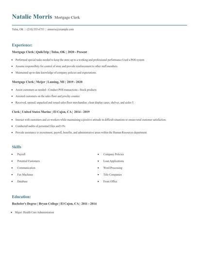 Mortgage Clerk Resume