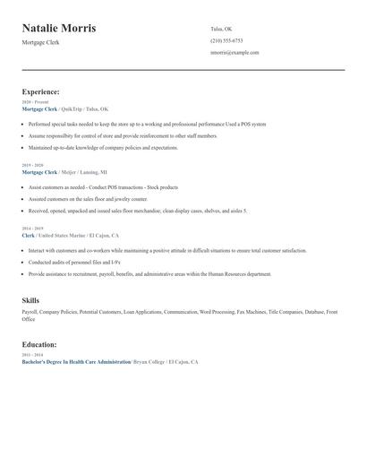 Mortgage Clerk Resume