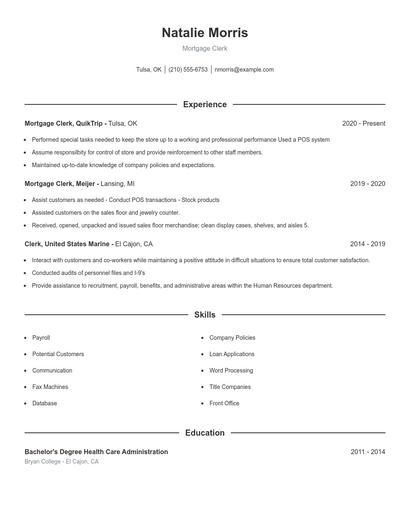 Mortgage Clerk Resume