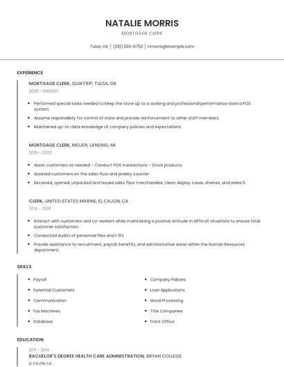 Mortgage Clerk Resume