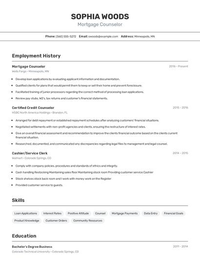Mortgage Counselor Resume