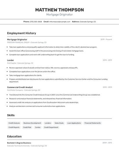 Mortgage Originator Resume