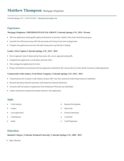 Mortgage Originator Resume