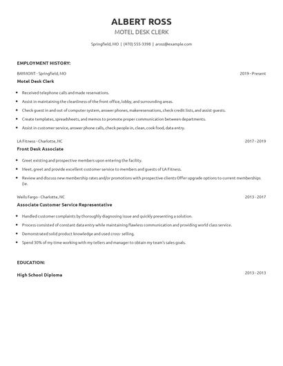 Motel Desk Clerk Resume