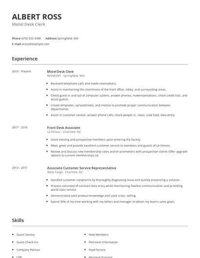 Motel Desk Clerk Resume