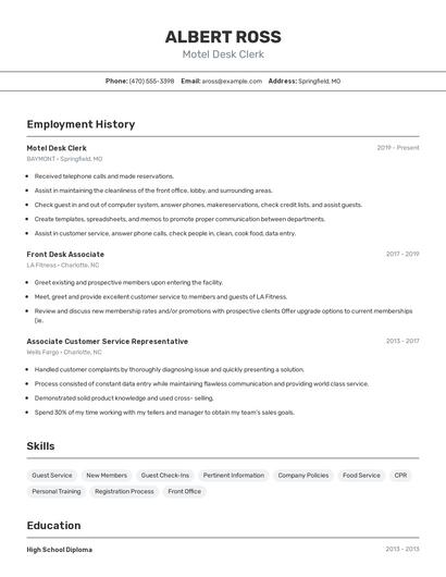 Motel Desk Clerk Resume