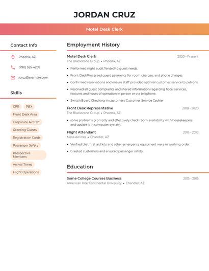 Motel Desk Clerk Resume