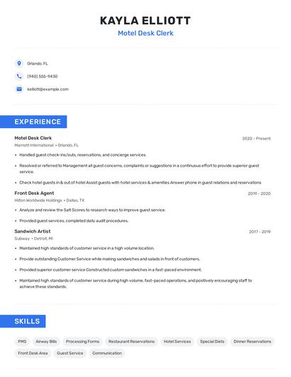 Motel Desk Clerk Resume