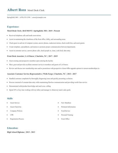 Motel Desk Clerk Resume
