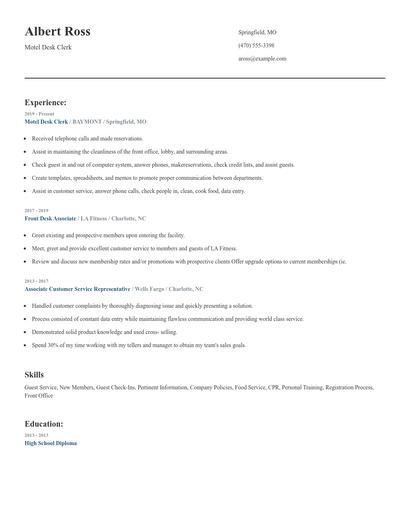 Motel Desk Clerk Resume