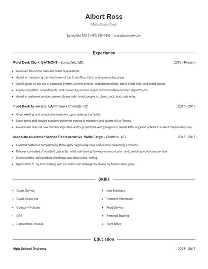 Motel Desk Clerk Resume
