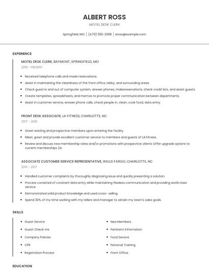 Motel Desk Clerk Resume