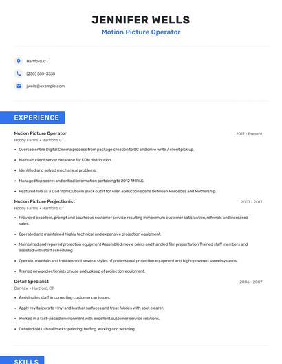 Motion Picture Operator Resume