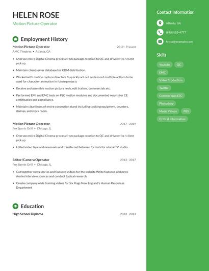 Motion Picture Operator Resume