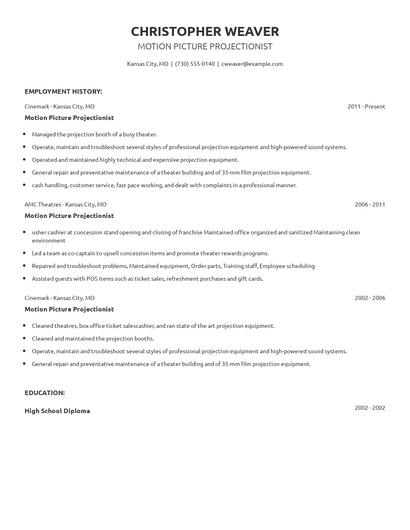 Motion Picture Projectionist Resume