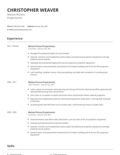 Motion Picture Projectionist Resume