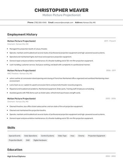Motion Picture Projectionist Resume