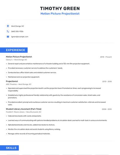 Motion Picture Projectionist Resume