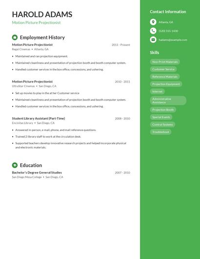 Motion Picture Projectionist Resume