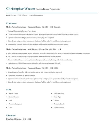 Motion Picture Projectionist Resume