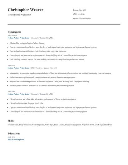 Motion Picture Projectionist Resume