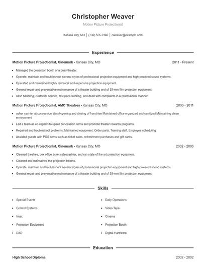 Motion Picture Projectionist Resume
