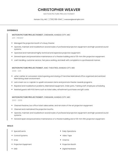 Motion Picture Projectionist Resume