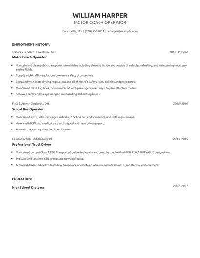 Motor Coach Operator Resume