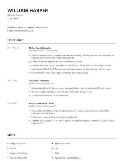 Motor Coach Operator Resume