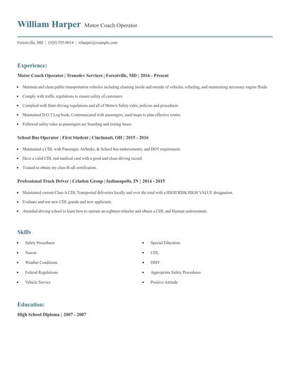 Motor Coach Operator Resume