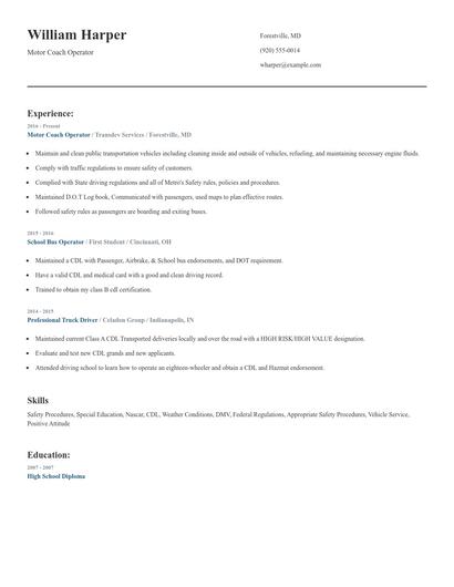 Motor Coach Operator Resume