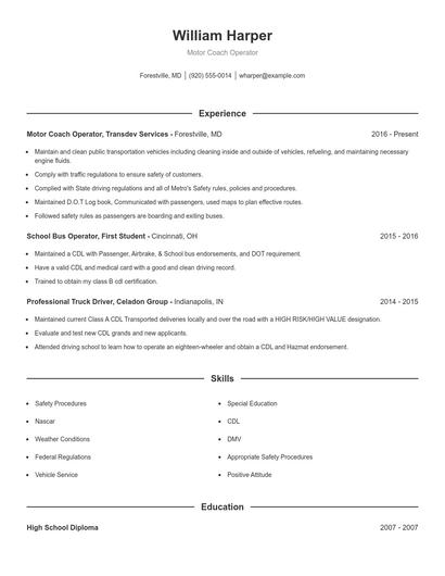 Motor Coach Operator Resume