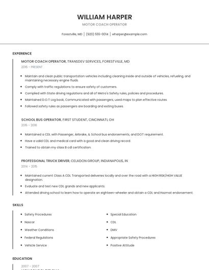 Motor Coach Operator Resume