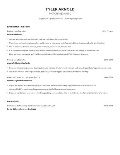 Motor Mechanic Resume