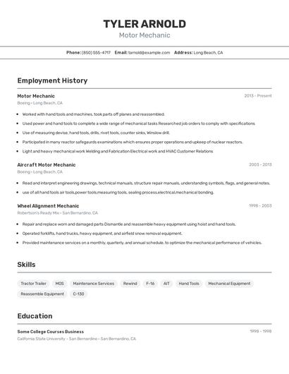Motor Mechanic Resume
