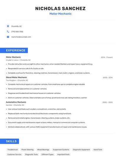Motor Mechanic Resume
