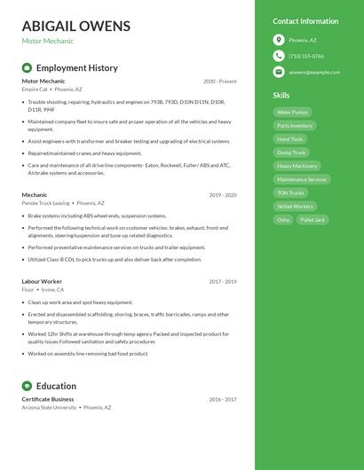 Motor Mechanic Resume