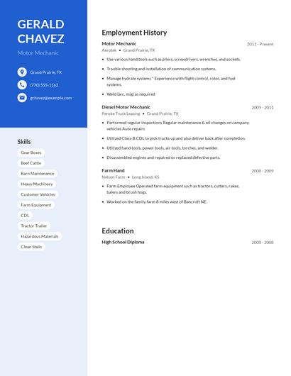 Motor Mechanic Resume