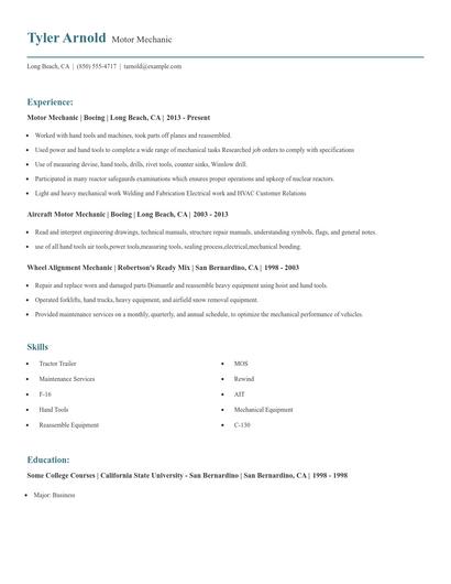 Motor Mechanic Resume