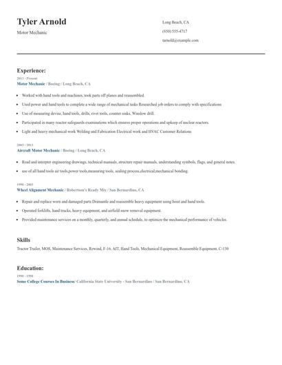 Motor Mechanic Resume