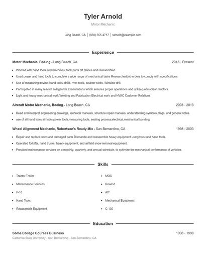 Motor Mechanic Resume