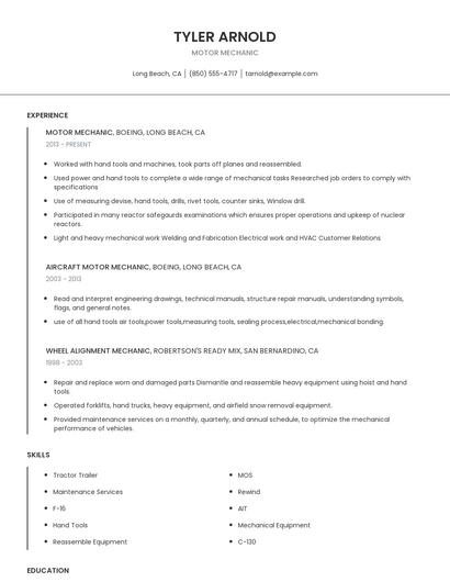 Motor Mechanic Resume