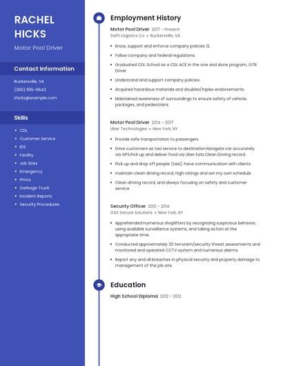 Motor Pool Driver Resume