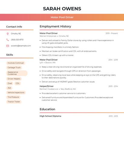 Motor Pool Driver Resume