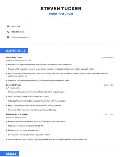 Motor Pool Driver Resume