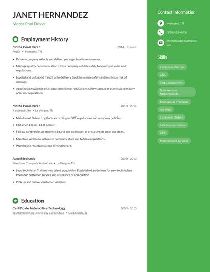 Motor Pool Driver Resume