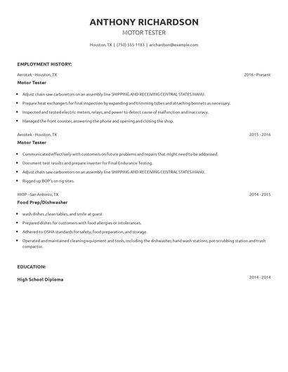 Motor Tester Resume